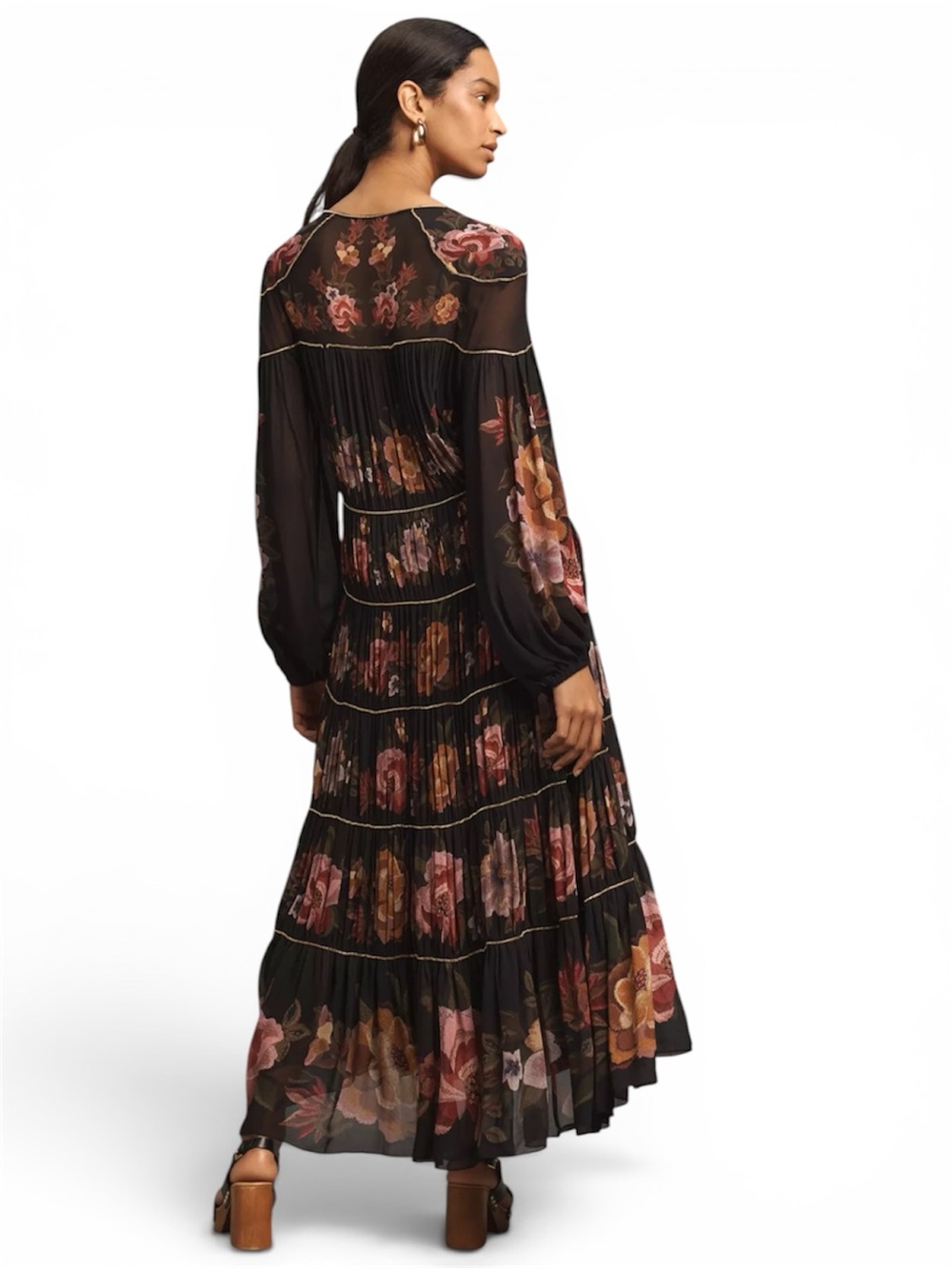 Farm Rio Black Chenille Flowers Long Sleeve Maxi Dress S Cottagecore Whimsigoth - Picture 2 of 13